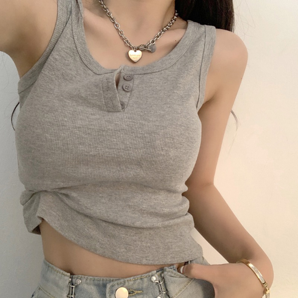 Summer Clothing Teens - 여성용 탱크 탑 리브 버튼 다운