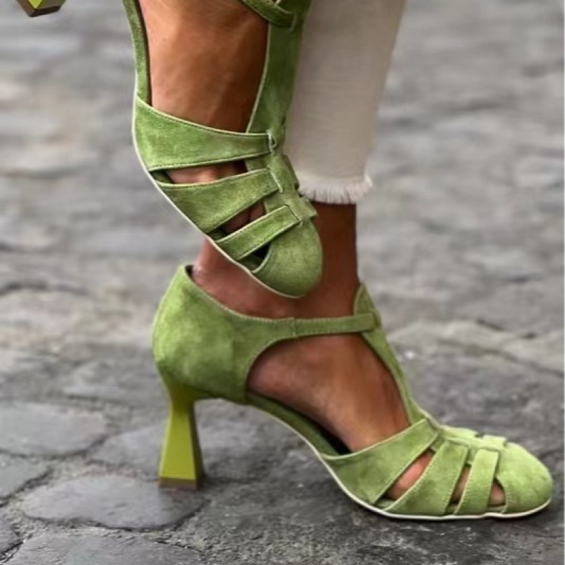 Summer Clothing Sale Women - 여성용 그린 스웨이드 키튼힐 티스트랩 샌들,