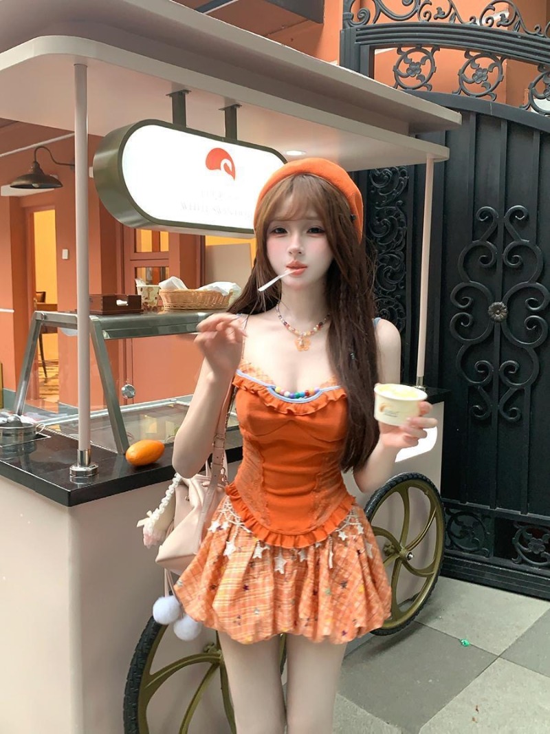 여름 신상 오렌지 도파민 스위트 스파이시 걸 레이스 캐 - Summer Clothing Women Sale 리뷰 및 가격