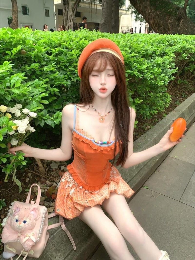 여름 신상 오렌지 도파민 스위트 스파이시 걸 레이스 캐 - Summer Clothing Women Sale 리뷰 및 가격