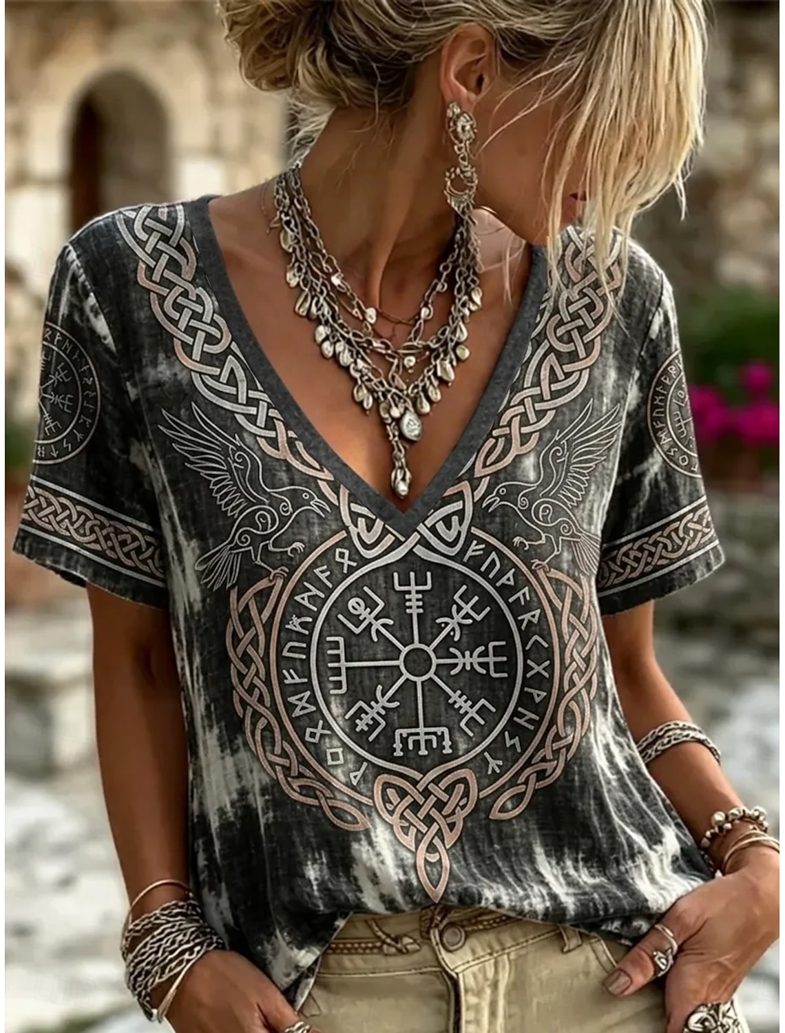 여성 V넥 반팔 티셔츠 타이다이 바이킹 나침반 레이븐  - Summer Viking Clothing 리뷰 및 가격