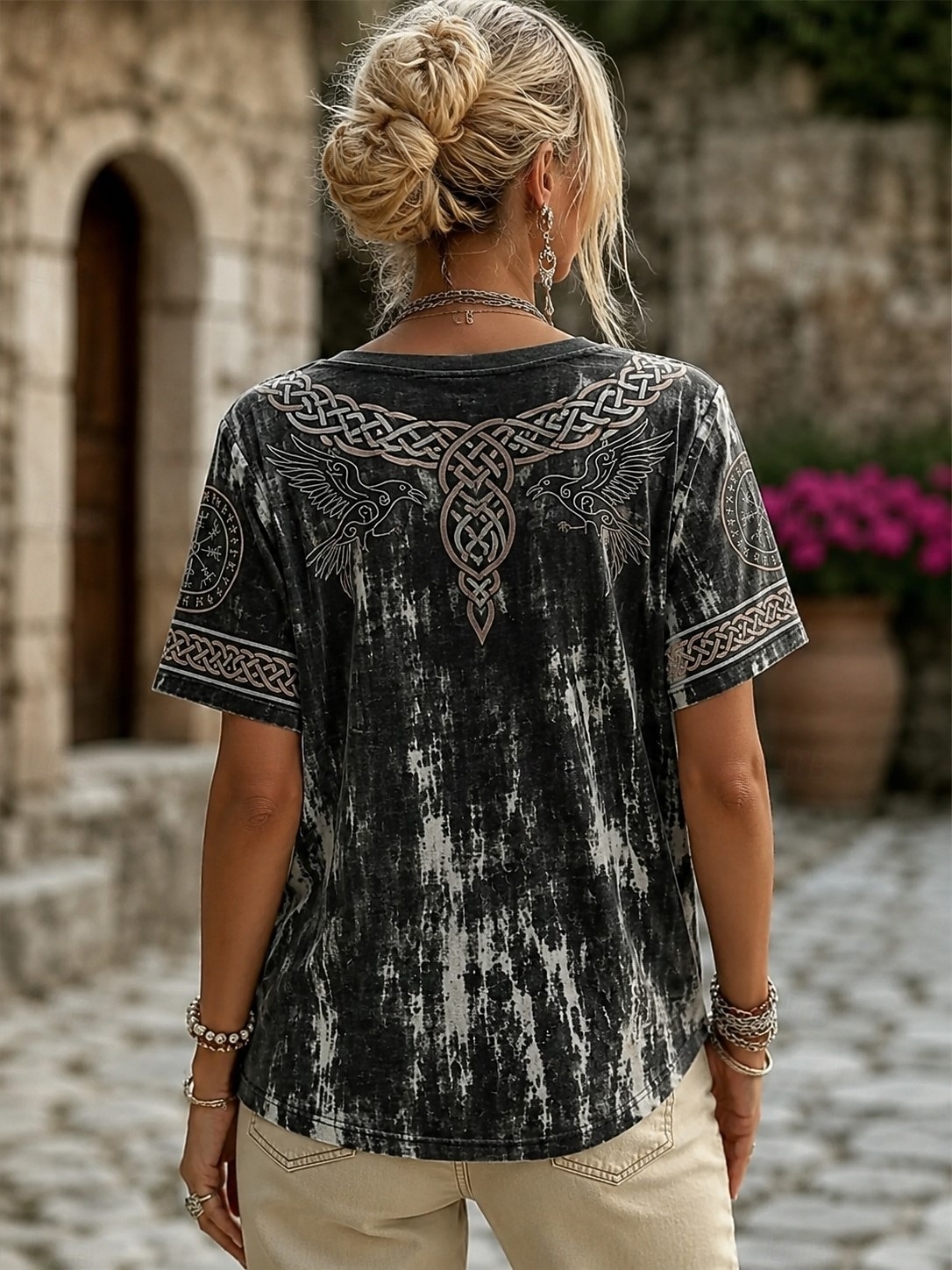 여성 V넥 반팔 티셔츠 타이다이 바이킹 나침반 레이븐  - Summer Viking Clothing 리뷰 및 가격