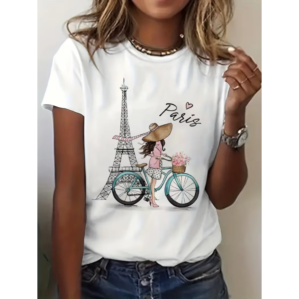 Y2k 파리 소녀 자전거 프린트 반소매 프린트 코튼 티 - Summer Clothing In Paris 리뷰 및 가격