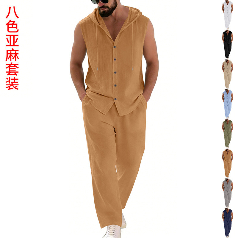 남성 캐주얼 린넨 수트 후드 스웨터 및 바지 세트 단색 - Summer Outdoor Clothing 리뷰 및 가격