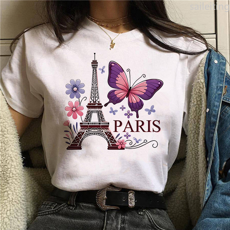 90s 컬러 플라워 나비 파리 디자인 프린트 티셔츠 반 - Summer Clothing In Paris 리뷰 및 가격