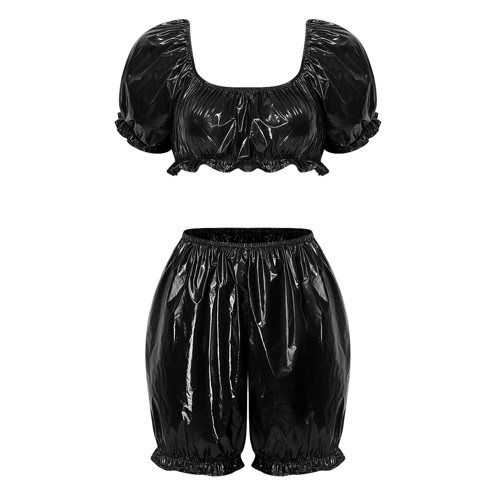 여성용 웨트룩 PU 가죽 클럽웨어 의상, 비닐 러플 소 - Summer Clothing Tops 리뷰 및 가격